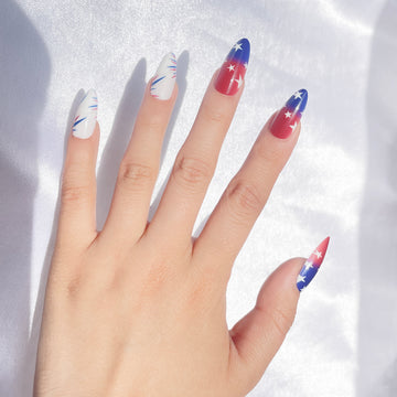 OPOOLA Almond Press on Nails Medium,Flag element,OPOOLA Rainbow Jelly Soft Gel Fake Nails for Women Fit Natural,  Stick on Nails Reusable, 24pcs False Nails with Design Glue Art Kit